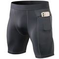 Men's dark gray compression gym shorts with a side zipper pocket for smartphone - S / Bottoms / Pure Grey