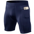 Pantalones cortos de compresión azul oscuro para hombre con bolsillo lateral para móvil - Azul Marino