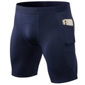 Men's navy blue compression shorts with a side pocket for phone storage and elastic waist - Navy Blue