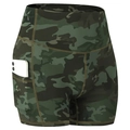 High-waisted jungle camouflage yoga shorts with functional side pockets and phone storage - XL / Dark Army Green Camo