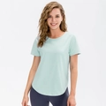 Women's loose mint green yoga t-shirt with curved petal hem and breathable stretch fabric - S / Blue Gold