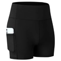 Women's black high-waisted fitness shorts with side pocket for phone, peach hip yoga style - S / Black