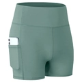 Women's high waist yoga shorts in sage green with side pockets for phone storage - S / Mysterious Green