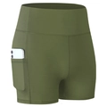 Army green high-waisted yoga shorts with side pocket featuring stretch athletic fabric - L / Olive Green