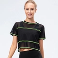 Top sportivo corto in mesh nero da donna con strisce verde neon per fitness e corsa - S / Nero-Verde