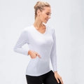 Women's slim fit white long sleeve yoga top with V-neck and functional side pocket - XL / Tops / White