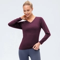 Damen Slim Fit Yoga-Oberteil mit V-Ausschnitt in Dunkelviolett aus Stretchstoff - S / Burgunderrot