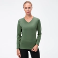 Damen olivgrünes Langarm-Yogashirt mit V-Ausschnitt aus atmungsaktivem Stretchmaterial - S / Armeegrün