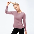 Women's slim fit long sleeve yoga top in mauve purple with V-neck and stretch fabric - S / Tops / Misty Pink
