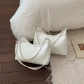 White faux leather crescent tote bag with silver chain strap and minimalist solid color finish - Large / White