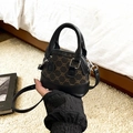 Retro Damen Muschel Handtasche aus Monogramm Canvas und schwarzem Leder Patchwork - Schwarz und Braun