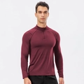 Men's slim-fit wine red long sleeve sports top with quarter-zip and raglan sleeves - Burgundy