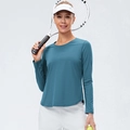 Women's quick-dry long sleeve yoga top in dark teal with curved hem and crew neck - XL / Blue