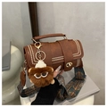Vintage brown boston bag with rivet details and colorful wide ethnic crossbody strap - Coffee with Pendant