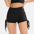 Women's high waisted black yoga shorts with side drawstrings and tummy control fabric - 8/L / Bottoms / Black
