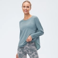 Women's quick-dry yoga long sleeve t-shirt in sage green with irregular curved hem - S / Grey Blue