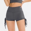 High-waisted dark grey yoga shorts with adjustable side drawstrings for women - 4/S / Bottoms / Dawn Gray