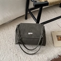 Olive green suede tote bag with silver chain strap and metal buckle on plush rug - Green (No Pendant)