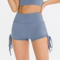 High waist yoga shorts with side drawstrings in dusty blue high-stretch fabric - Aqua Blue