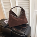 Deep brown faux suede tote bag with large capacity and smooth leather handles - Brown
