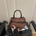 Dark brown suede tote bag with leather straps and gold buckle detail in a vintage style - Coffee