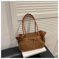 Detailed close-up of brown suede tote bag with leather belt buckle and metal pin - Brown Without Pendant