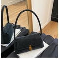 Vintage black suede-style shoulder bag with elegant gold metal clasp and sleek strap - Black