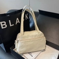 Minimalist creamy white nylon tote bag with front zipper pocket for daily commute - Khaki