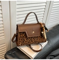 Vintage brown leather bag with leopard print panel and ethnic wooden bead charm - With Pendant / Leopard Print