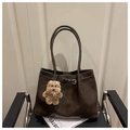 Deep brown suede tote bag with slim shoulder straps and a plush dog charm - With Pendant / Coffee