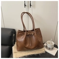 Brown vintage faux leather tote bag with long handles and buckle strap for daily commuting - No Pendant / Brown