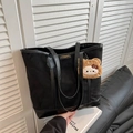 Large black tote bag in matte suede with leather straps and a cute plush bear pendant - Black With Pendant