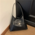 Retro black woven texture hobo shoulder bag with a gold metal buckle for women - Black
