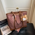 Large burgundy suede tote bag with brown leather trim and cute plush charm detail - Coffee with Pendant