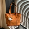 Brown suede tote bag with leather strap and plush bear charm for casual commuting - Brown with Pendant