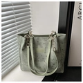 Detail of light green tote bag featuring star moon prints and chain leather strap - Green Without Charm