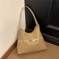 Khaki woven hobo shoulder bag with golden buckle detail for elegant commuting style - Khaki