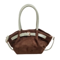 Winter faux suede patchwork handbag with caramel brown texture and green leather handles - Coffee and Green