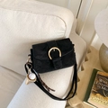 Retro black suede mini square bag with gold buckle and baseball charm for women - Black With Pendant