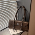 Vintage brown shoulder bag with silver twist lock and minimalist rectangular design - Coffee