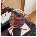 Retro plaid half-moon crossbody bag with red leather bows and lace-wrapped handle - Red Plaid