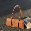 Vintage brown leather baguette bag with silver buckle and double shoulder straps - Brown