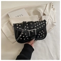 Punk style black glossy leather shoulder bag with silver studs and large metal buckle - Black