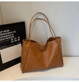 Close-up of vintage brown oversized tote bag with wrinkled leather texture on white surface - Two-piece Set(5999660005611) / Brown