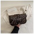 Dark brown punk style crossbody bag featuring silver rivets and metal chain strap - Coffee