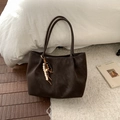 Minimalist dark brown tote bag in matte finish with decorative wood bead charm - Coffee without Pendant