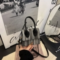 Mini crossbody bag in black and white tweed with elegant black leather handles - Black