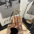Mini woven crossbody bag with brown gradient zigzag pattern and leather top handle - Khaki