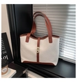 Brown and white woven leather tote bag with gold buckle and top handle for commuting - White and Brown