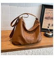Vintage brown oversized hobo tote bag in textured soft leather with round embossed logo - Brown